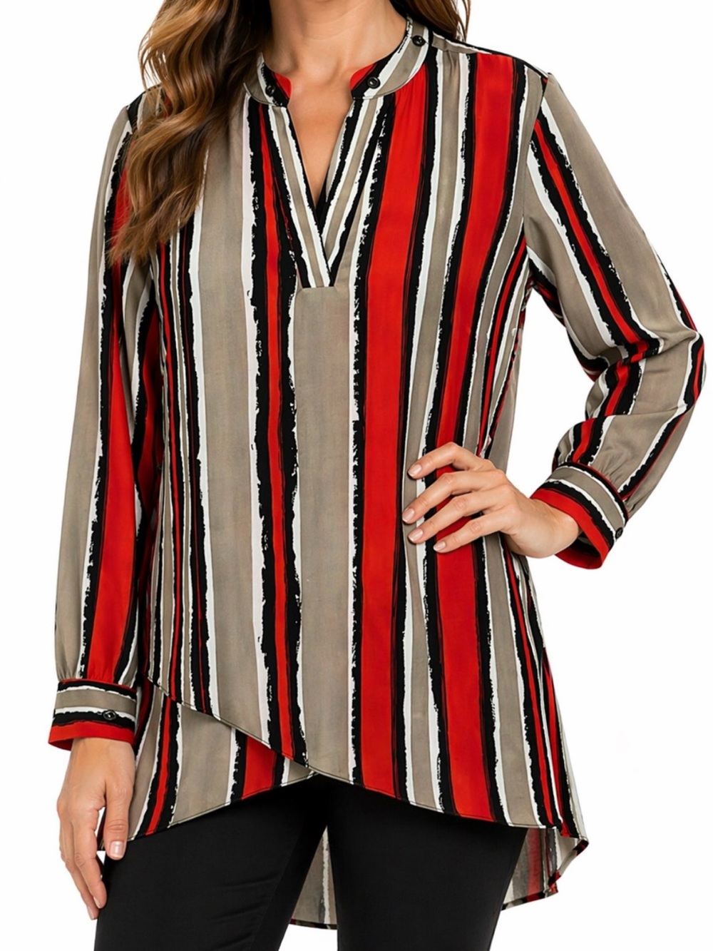 Mishca Blouse Womens Large Red Black Beige Stripe Tunic Asymmetrical Hem Top‎